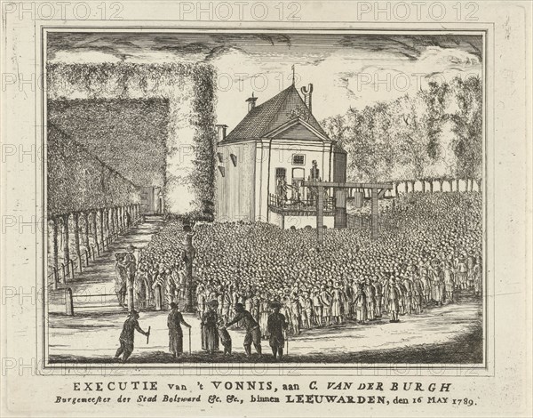 Execution of Cornelis van der Burg, Mayor of Bolsward, Leeuwarden on 16 May 1789, for the scaffold, a large mass of spectators, The Netherlands, print maker: Rienk Jelgerhuis, Dating 1789 - 1791