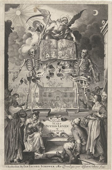City People and peasants watching two skeletons and angel with book open by presentation of final judgment, Cornelis van Dalen II, Jan Jacobsz Schipper, unknown, 1655