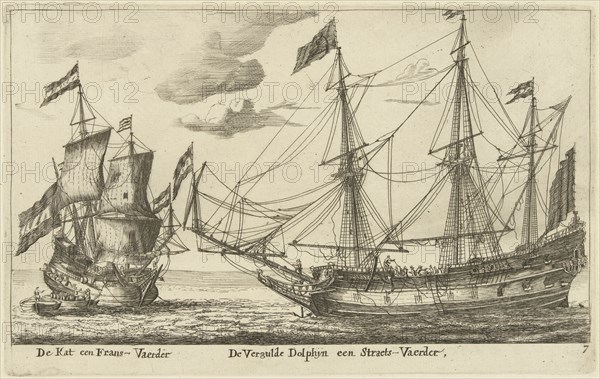 The ships Vergulde Dolfijn and De Kat, print maker: Anonymous, 1652 - 1714