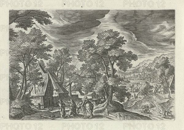 Landscape with the Good Samaritan and the injured passenger at an inn, Julius Goltzius, Hans Bol, J. Janssonius, c. 1560 - 1595