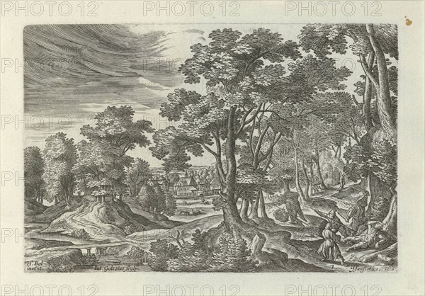 Landscape with robbery of the traveler, Julius Goltzius, J. Janssonius, c. 1560 - 1595