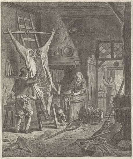 Peasant Interior with carcass, Jacob Louys (1620-ca.1673), 1630 - 1673