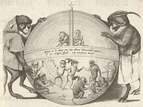 Title print of a series of six prints in which various human activities are represented by monkeys, Copies of prints by Quirin Boel, Quirin Boel, Dating 1635 - 1724