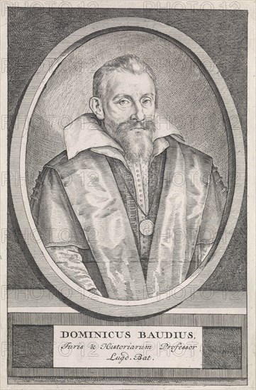 Portrait of Dominicus Baudius, poet and professor at Leiden, The Netherlands, at the age of 46, print maker: Jacob Matham, Dating 1608