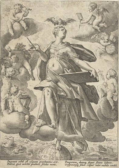 Allegory of art, print maker: Hendrick Goltzius workshop of, Hendrick Goltzius, Claes Jansz. Visscher II, 1586 - 1590 and or 1596 - 1652
