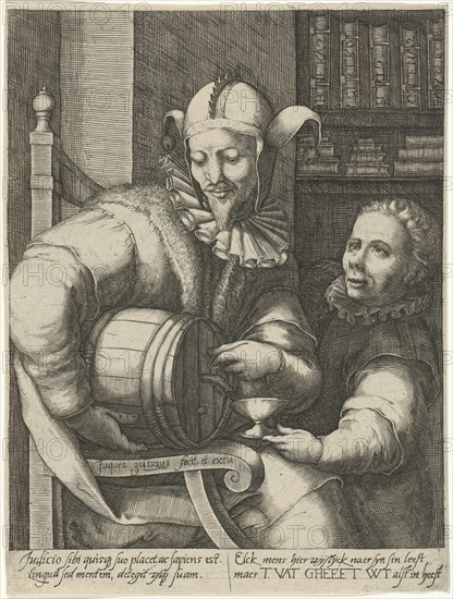 Jester with wine cask, Jacob Goltzius (II), Anonymous, 1584 - 1630