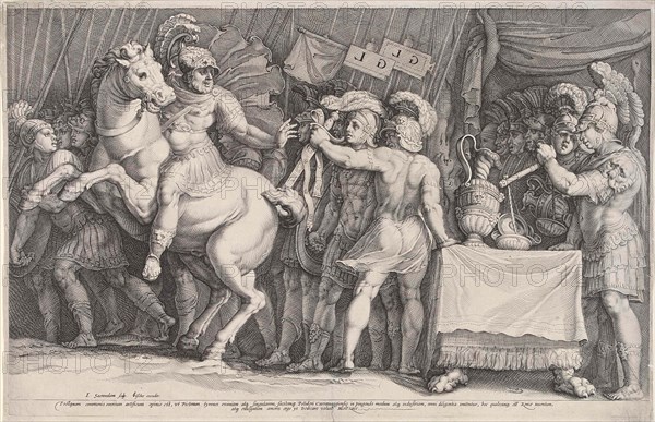 Marcus Furius Camillus arrives in Rome, Italy, print maker: Jan Saenredam, Polidoro da Caravaggio, Claes Jansz. Visscher II, 1593