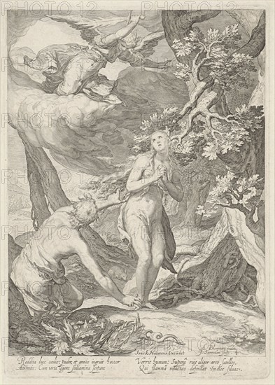 Adam and Eve are expelled by the angel with the flaming sword of the Earthly Paradise, besides them a crawling snake, print maker: Jan Saenredam (mentioned on object), Dating 1604 and/or 1690 - 1750