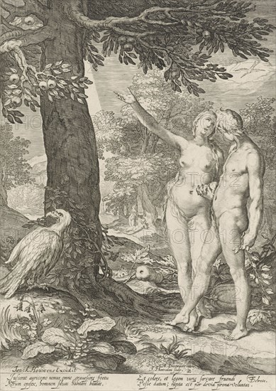Adam and Eve before the Tree of Knowledge of Good and Evil, print maker: Jan Saenredam, Abraham Bloemaert, Isack Houwens, 1604 and/or 1690 - 1750