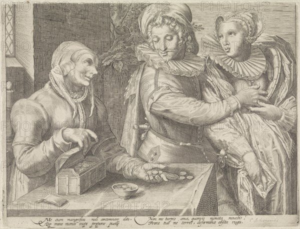 Young couple and an old woman with money box (Unequal love), Anonymous, Jan Saenredam, Hendrick Goltzius, 1589 - 1607