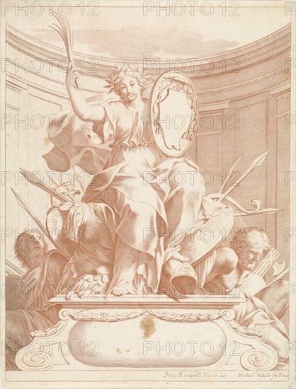 Victory holding a palm branch in his hand and holds a shield, that crowned with the cardinal's hat, she sits on shields, weapons and breastplates, on both sides there are two men, The coat of arms is empty, but on the basis of a state described by Renier, this show portrays the success of the Roman family Barberini, Pope Urban VIII came from their midst, print maker: Michel Natalis (mentioned on object), Dating 1632 - 1633