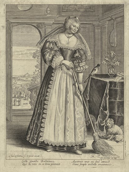 Woman with broom in an interior, Theodor Matham, C. David, Lodewijk XIII koning van Frankrijk, 1627 - 1629
