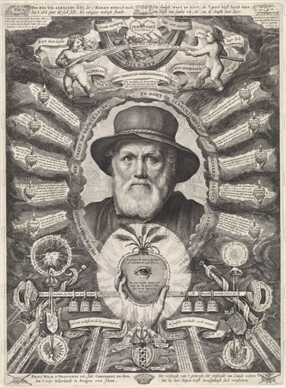Portrait of Dirck Volckertsz Coornhert in allegorical frame, Theodor Matham, William II (Prince of Orange), 1647-1650