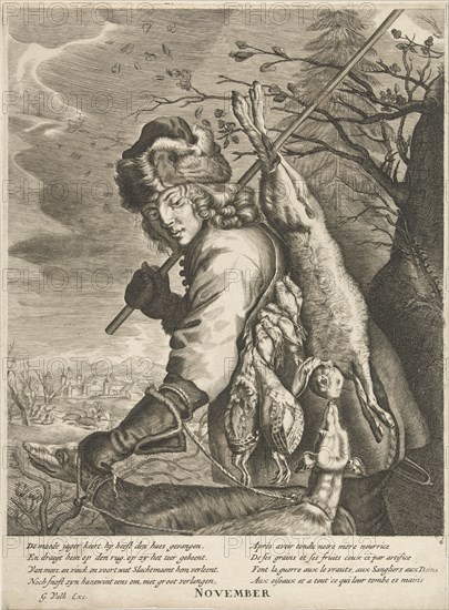 November: a hunter with his booty, Anonymous, Reinier van Persijn, Joachim von Sandrart, 1670 - 1726