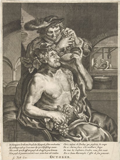 October, Bacchus who drinks wine, Anonymous, Reinier van Persijn, Joachim von Sandrart, 1670-1726