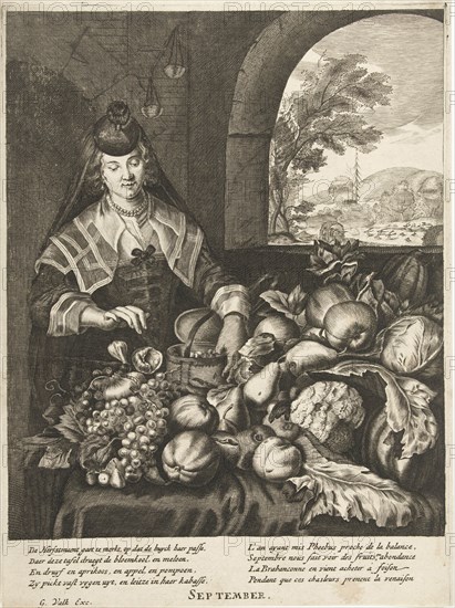September represented as woman at table laden with fruits and vegetables, Cornelis van Dalen II, Anonymous, Joachim von Sandrart, 1648 - 1715