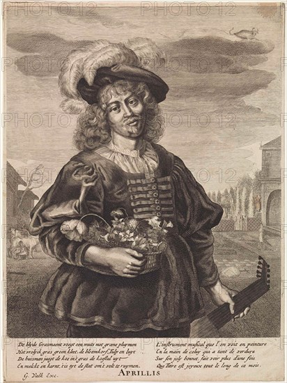 April: Young man with flower basket, Anonymous, Jonas Suyderhoef, Joachim von Sandrart, 1670 - 1726