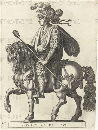 Equestrian Portrait of Emperor Galba, print maker: Laurens Eillarts, Antonio Tempesta, 1616 - 1620