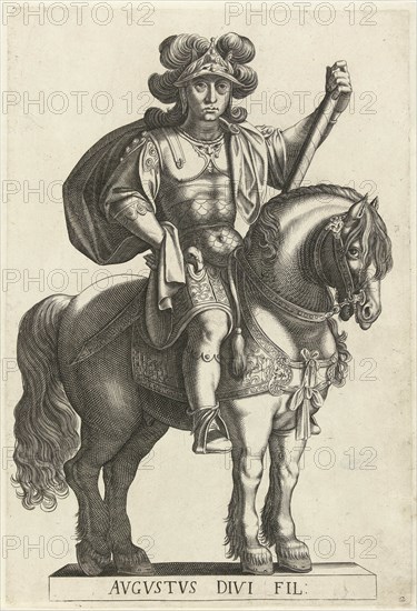 Equestrian Portrait of Emperor Augustus, print maker: Laurens Eillarts, Antonio Tempesta, 1616 - 1620