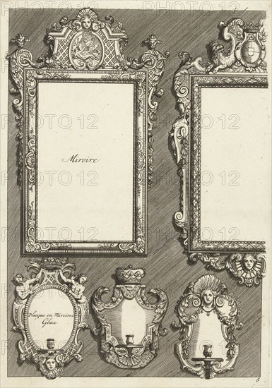 Two Rectangular Mirrors and Three Sconces, DaniÃ«l Marot I, print maker: Anonymous, after 1703 - before 1800