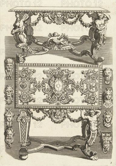The upper table is shown in perspective, with the lower table top is shown upright, on both sides four masks are shown, DaniÃ«l Marot (I), Dating after 1703 - before 1800