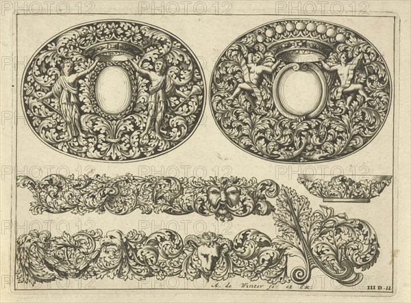 Two oval lids for boxes, two leafs, a small plate and a corner motif of leaf tendrils, Anthonie de Winter, Anonymous, 1696