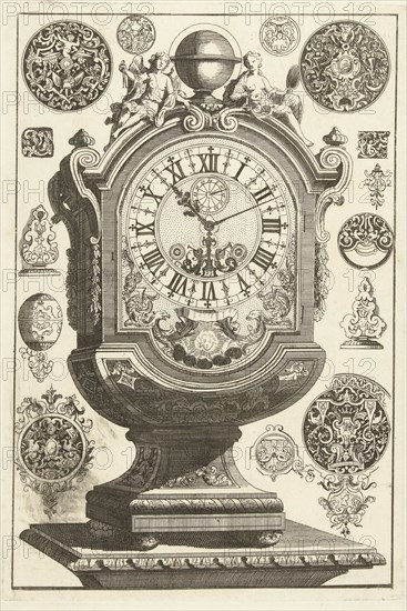 clock on pedestal, crowned with globe, DaniÃ«l Marot (I), Anonymous, Anonymous, after 1706 - before 1800