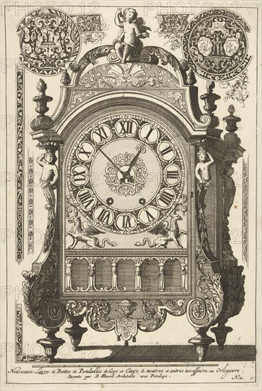Clock and a putto, title page from the series Nouveaux Liure de Boites de Pendulles, edited by Daniel Marot around 1706, DaniÃ«l Marot (I), Dating after 1706 - before 1800