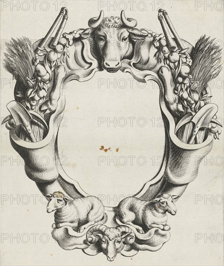 Cartouche with lobe ornament with animals, print maker: Michiel Mosijn, Gerbrand van den Eeckhout, Clement de Jonghe, 1640 - 1655