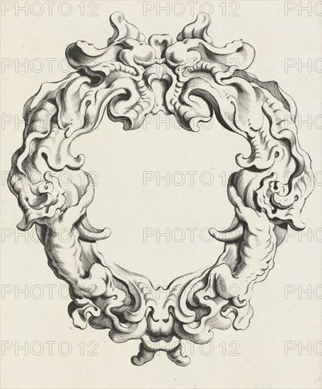 Cartouche with lobe ornament with two satyrs, Michiel Mosijn, Gerbrand van den Eeckhout, Clement de Jonghe, 1640 - 1655
