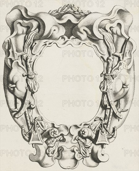 Cartouche with lobe ornament with wapentrofeÃ«en, Michiel Mosijn, Gerbrand van den Eeckhout, Clement de Jonghe, 1640 - 1655