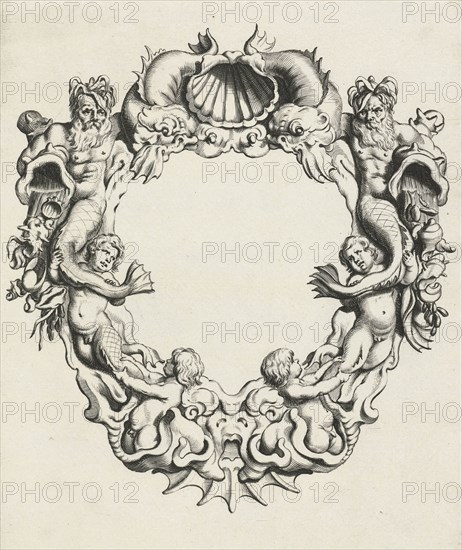 Cartouche with lobe ornament, a top shell flanked by dolphins, print maker: Michiel Mosijn, Gerbrand van den Eeckhout, Clement de Jonghe, 1640 - 1655