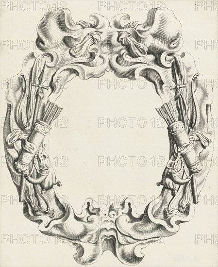 Cartouche with lobe ornament with hunting trophies, Michiel Mosijn, Gerbrand van den Eeckhout, Clement de Jonghe, 1640 - 1655