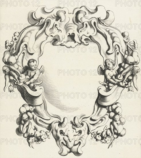 Cartouche with lobe ornament with two putti, print maker: Michiel Mosijn, Gerbrand van den Eeckhout, Clement de Jonghe, 1640 - 1655