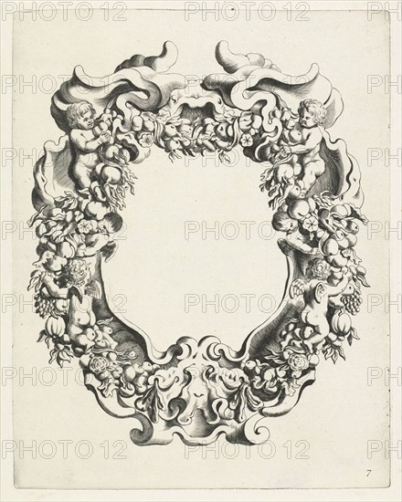 Cartouche with lobe ornament with two putti and four angels, Michiel Mosijn, Gerbrand van den Eeckhout, Clement de Jonghe, 1640 - 1655