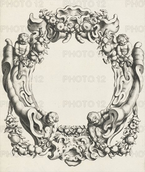 Cartouche with lobe ornament, above and below a mask, Michiel Mosijn, Gerbrand van den Eeckhout, Clement de Jonghe, 1640 - 1655