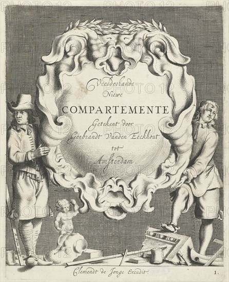 Cartouche with lobe ornament held up by two men, print maker: Michiel Mosijn, Gerbrand van den Eeckhout, Clement de Jonghe, 1640 - 1655