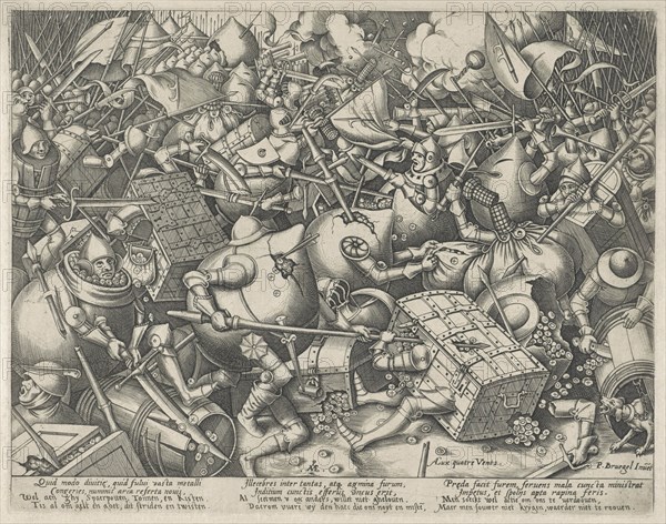 Battle of the money bags and coffers, Pieter van der Heyden, widow Hieronymus Cock, 1570 - after 1601