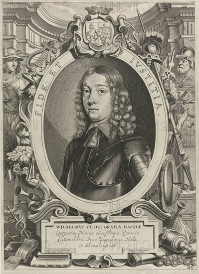 Portrait of William VI, Landgrave of Hesse-Kassel, in an allegorical frame, Mercury and attributes including winch, caduceus and cornucopia, a second allegorical figure (Jupiter?) With attributes like war lance, shield, helmet and a thunderbolt, print maker: Theodor Matham (mentioned on object), Dating 1652 and/or 1717