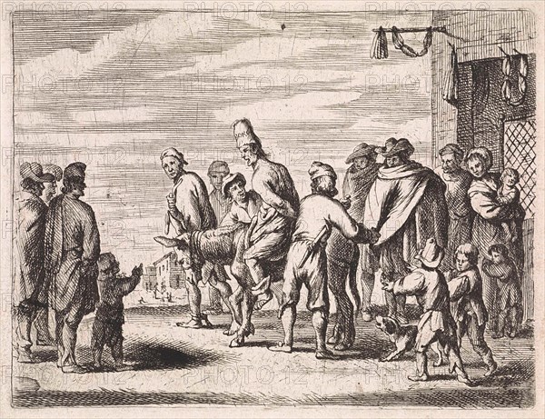 Man tied up on donkey, Cornelis de Wael, 1630 - 1648