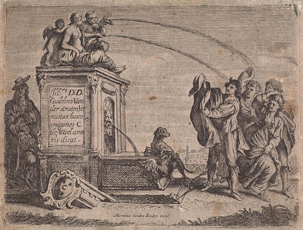Group of people at fountain, Cornelis de Wael, Martinus van den Enden (I), 1630 - 1654
