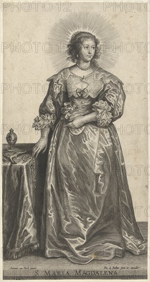 Mary Magdalene as richly dressed woman for conversion, print maker: Pieter de Bailliu I, Anthony van Dyck, Pieter de Bailliu I, 1623 - 1660