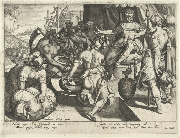 The king as the strongest in the world, print maker: Zacharias Dolendo, Karel van Mander, Jacob de Gheyn II, 1595 - 1596