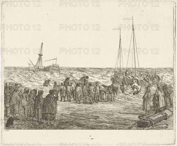 Stranding of the British East Indiaman General Barker in Noordwijk, 1781, print maker: Louis Bernard Coclers