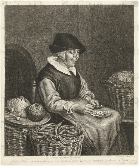 An old woman sitting in the kitchen on a chair and blanked beans in her apron, beside her are baskets of coal, praise and beans, the woman is wearing a dark hat and a pair of glasses, print maker: Louis Bernard Coclers (mentioned on object), Dating 1780