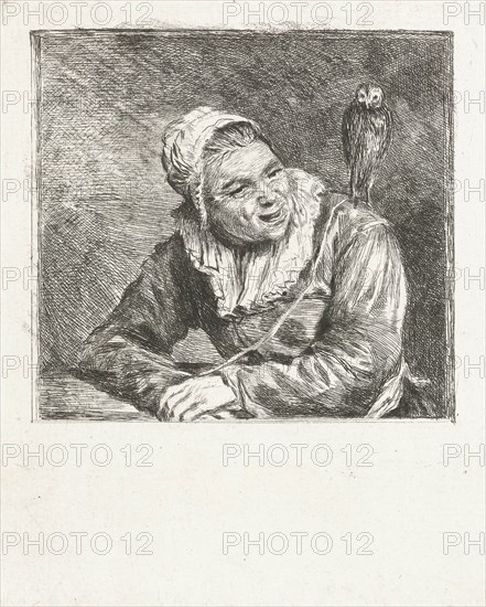 Portrait Bust of a smiling old woman with white cap and collar, on her shoulder is an owl, print maker: Louis Bernard Coclers, Dating 1756 - 1817