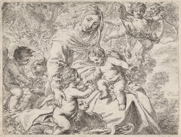 In a landscape is Mary with the Christ Child on her lap, her other hand rests on the back of the young John the Baptist, who extends his hands towards the smiling Christ child, flanked by two putti, print maker: Cornelis Schut (I) (mentioned on object), Dating 1618 - 1655