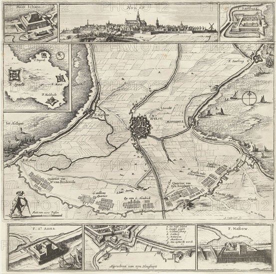 Siege and conquest of Hulst by the military forces under Frederik Hendrik of 28 September and 5 November 1645, a central plan of Hulst and the surrounding land with the encirclement and military camps of the besiegers, print maker: Abraham Dircksz Santvoort (mentioned on object), Dating 1645