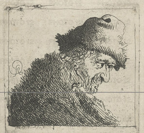Portrait of an old man with a fur hat, print maker: Pieter Jansz. Quast, 1615 - 1647