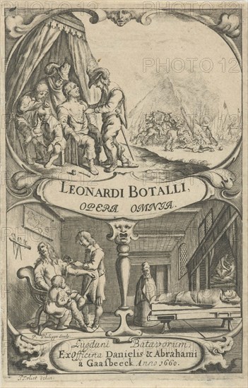 Cartouche with a battlefield and a doctor who takes care of the wounded for a tent, Cartouche with an infirmary where a doctor nursed the wounded, print maker: Pieter Philippe (mentioned on object), Dating 1660